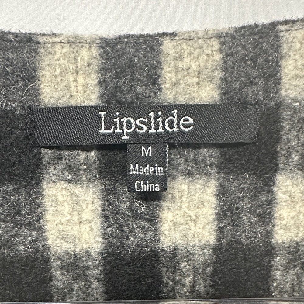 Lipslide Women’s Buffalo Plaid No-Collar Coat Black White Ruffle Bell Sleeves M - Picture 2 of 3